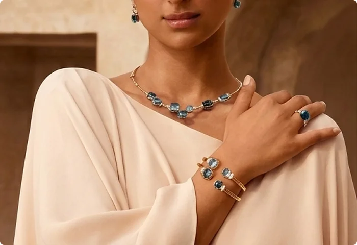 Model wearing blue stone jewelry